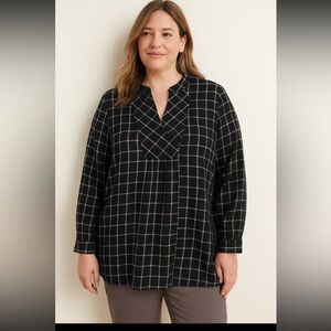 J.Jill Black White Windowpane Plaid Tunic Blouse XL Long Sleeve Soft Lightweight